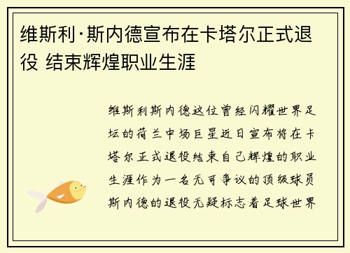 维斯利·斯内德宣布在卡塔尔正式退役 结束辉煌职业生涯